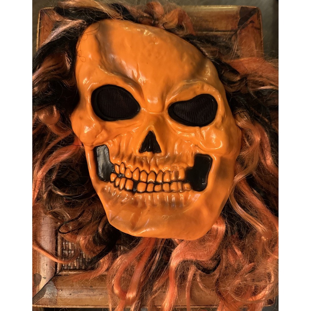 Vtg Easter Unlimited Skull Mask Orange Black Hair Horror Creepy Latex Halloween